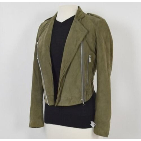Whyred Suede Leather Moto Off Center Olive Green Zip Jacket Size 36 - Picture 3 of 11